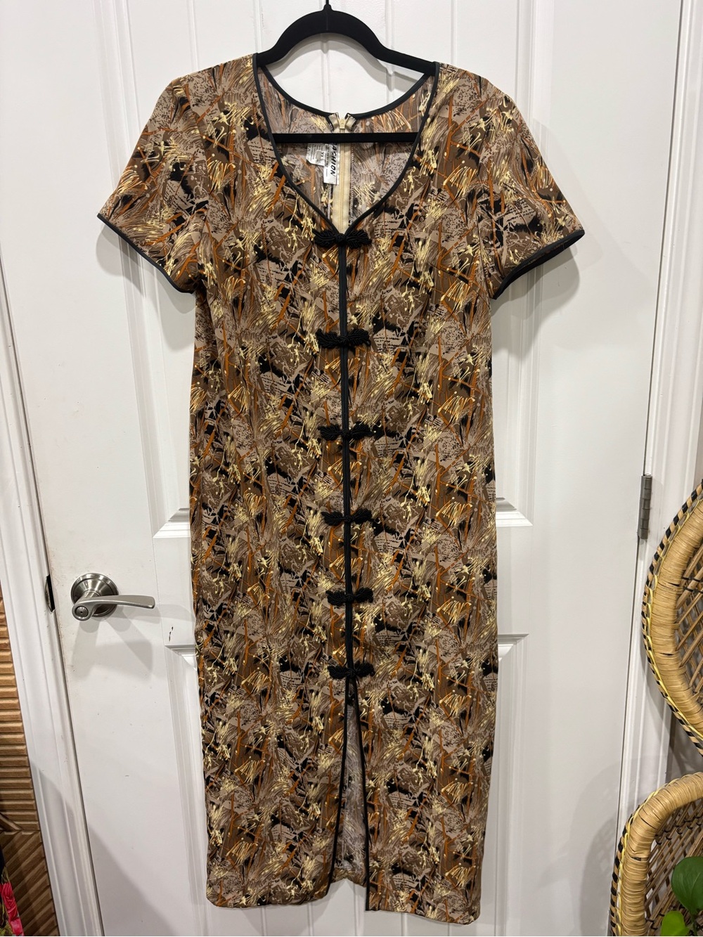 Vintage Midi Asian inspired Dress in Brown Print
